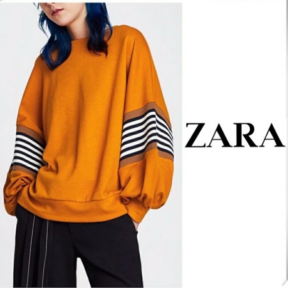 Zara Tops Zara Mustard Yellow Oversized Sweatshirt Puffy Striped